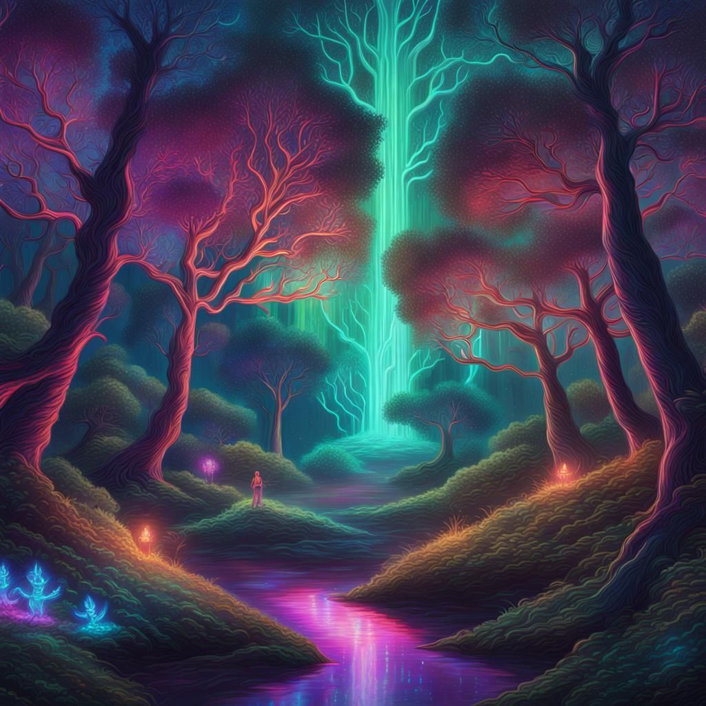 Gaming PC in Glowing Night Forest