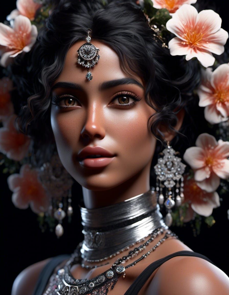 Striking Hijabi Portrait with Floral Accents in Digital Art