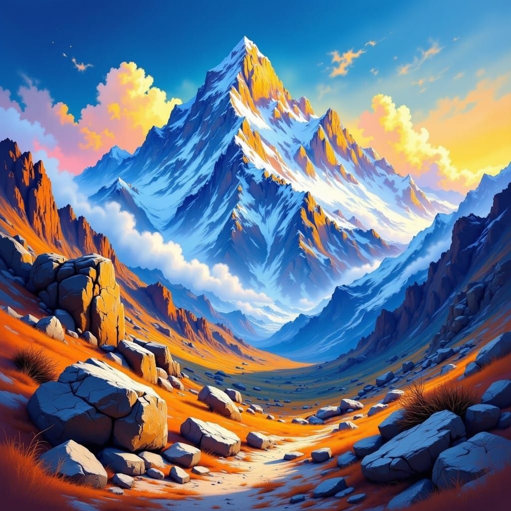 Vibrant Mount Everest Painting with Buddhist Art Elements