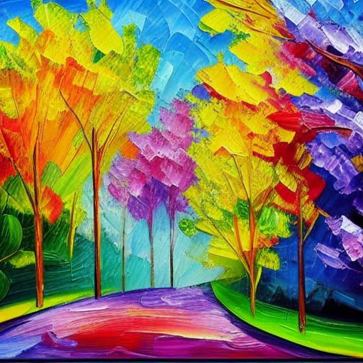 Blooming Trees: Neo-Impressionist Expressionist Oil Painting