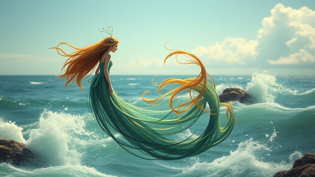 Whimsical Fairy with Long Hair by the Ocean