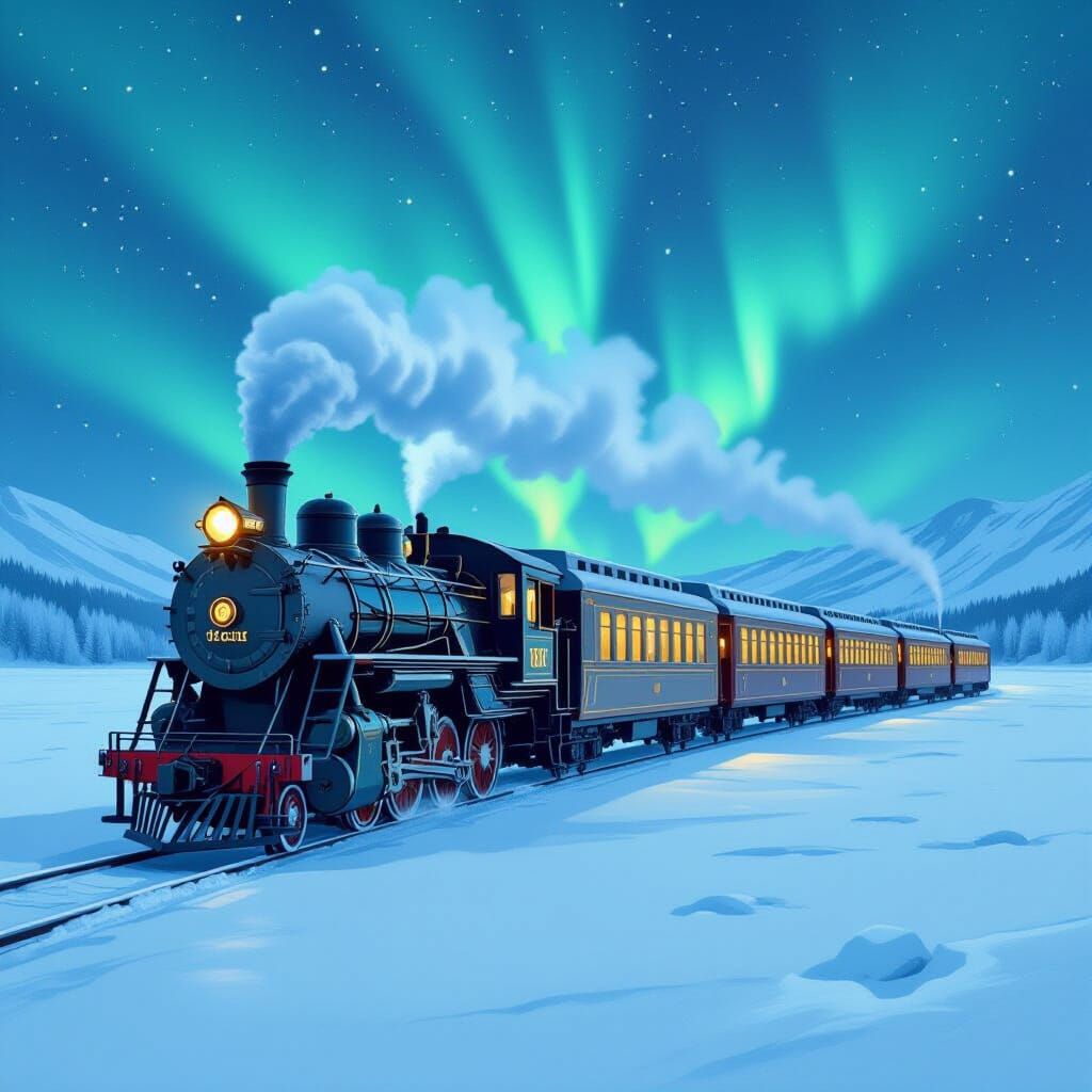 Art Nouveau Train on Frozen Lake Under Aurora Sky