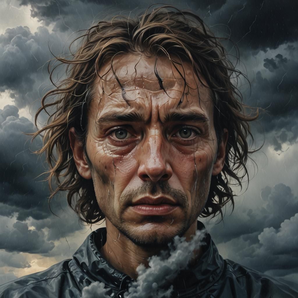 Melancholic Face in Stormy Clouds: Surreal Oil Painting