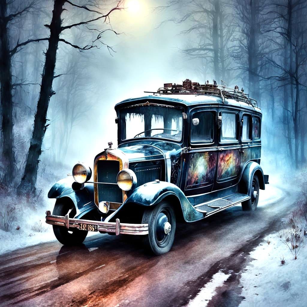 Eerie Hearse on Misty Winter Road in Watercolor