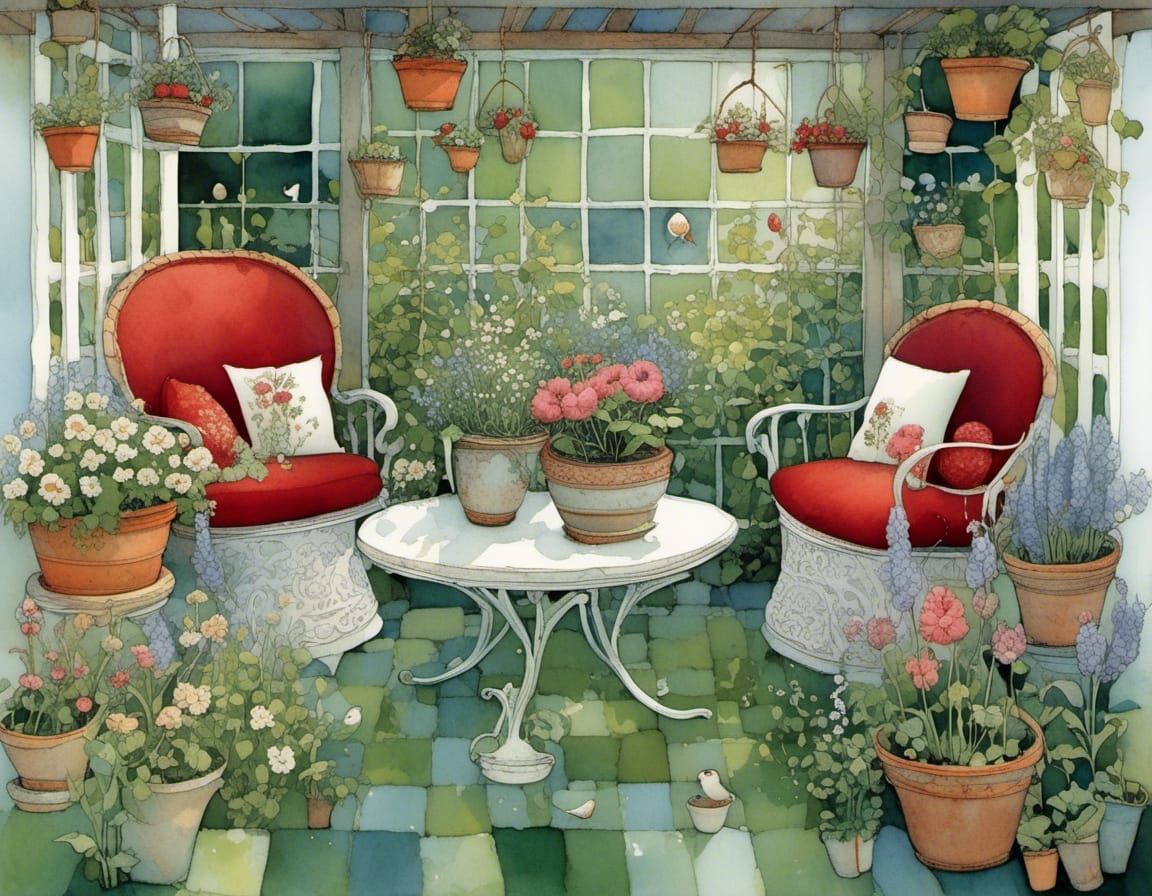 Whimsical Garden Oasis in Vibrant Watercolor Style