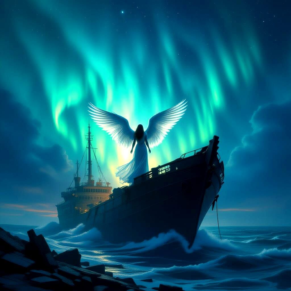Angel on Sinking Ship Under Aurora