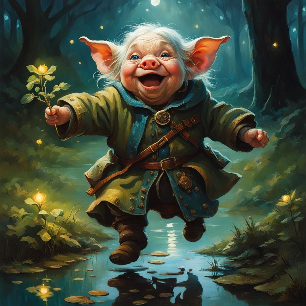An adorable grandma Piggy-Hobbit running through Lothlórien Forest, happy to regain her lost youth and health