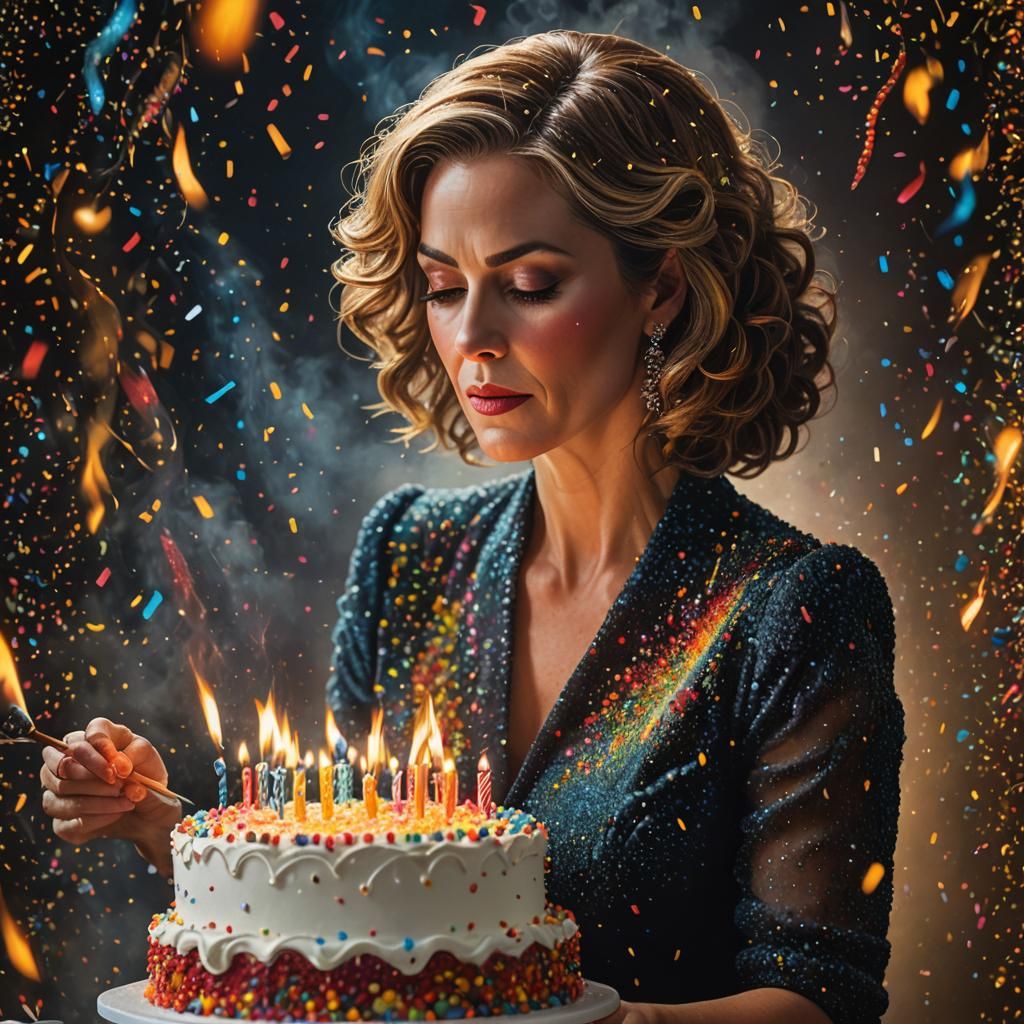 Pointillist Woman Blows Out Birthday Cake Candles