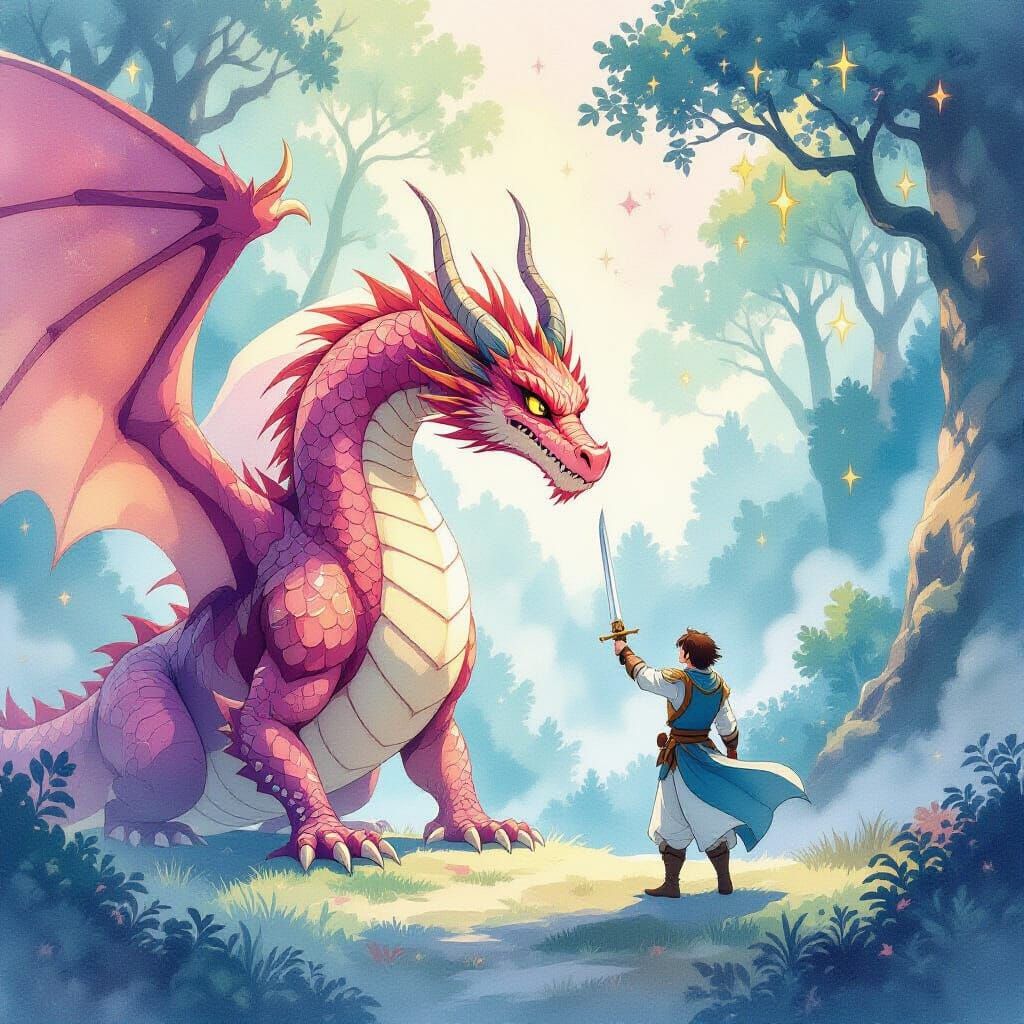 Fantasy Dragon Battle Watercolor Art