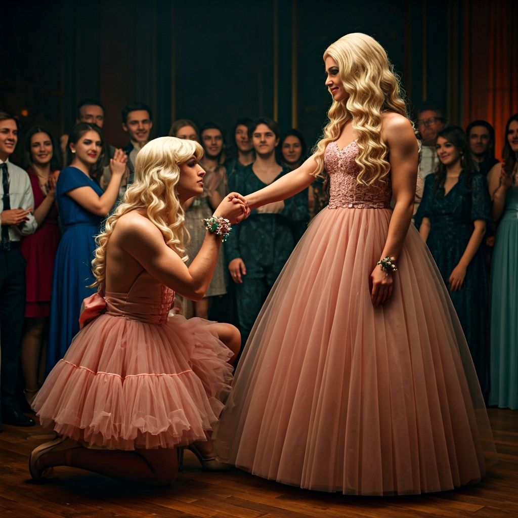 Crossdresser Kneels in Pink Tulle Dress at Party