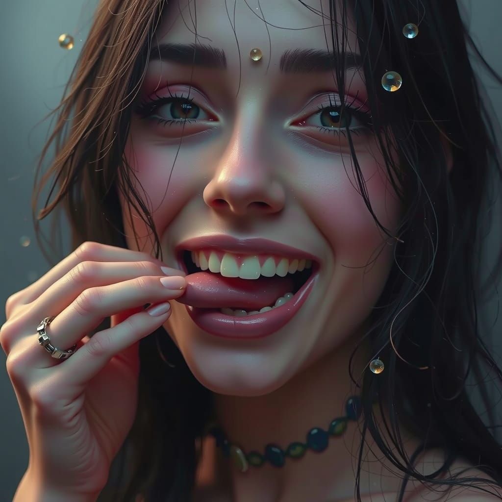 Beautiful Woman in Elegant Dress Licks Sugar with Joyful Lau...