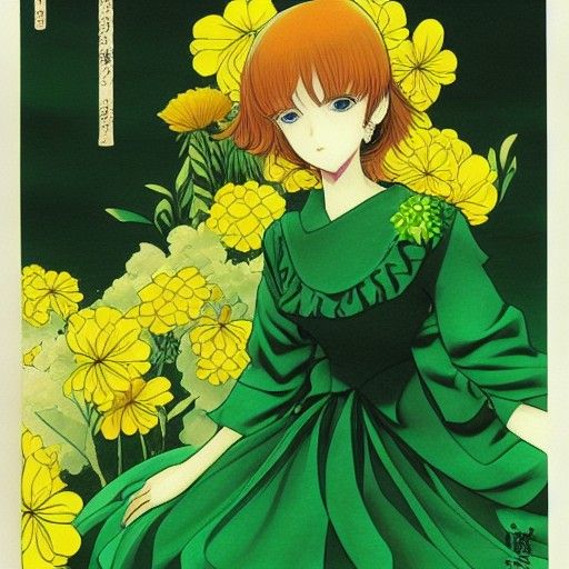 Anime Lady in Green Dress with Flowers