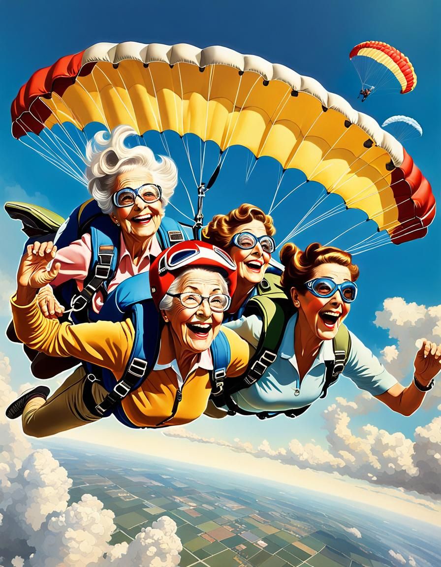 Carefree Elderly Women Skydiving: Photorealistic Digital Art