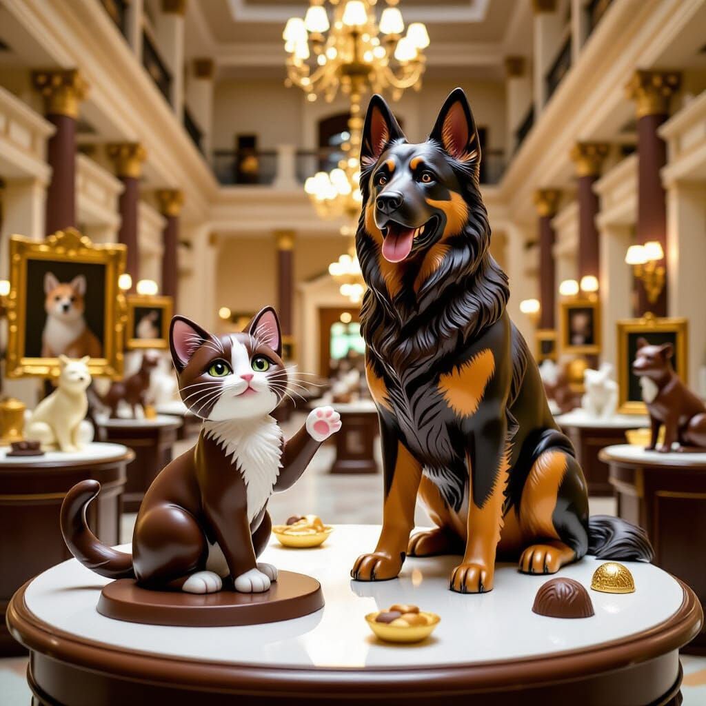 Chocolate Art: Kitten and Shepherd Sculpture