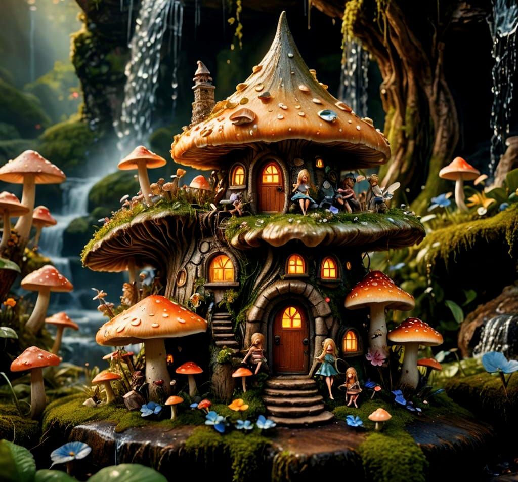 Fairies Resting near Waterfall House in Macro Photography