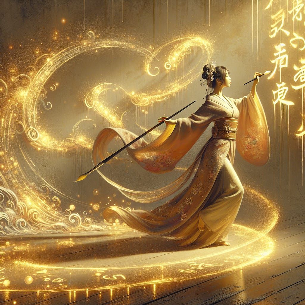 Japanese Princess Dances with Glowing Calligraphy
