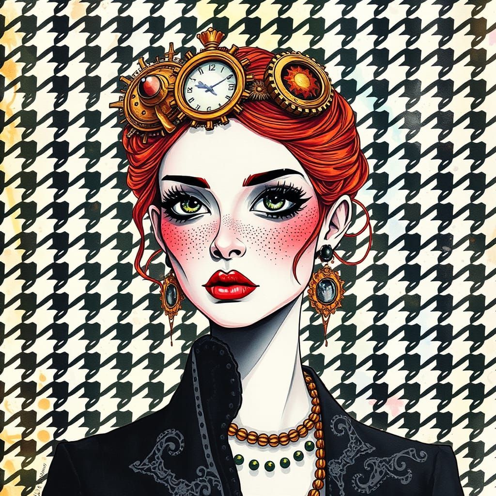 Steampunk Lady: Geometric Abstract Portrait in Watercolor