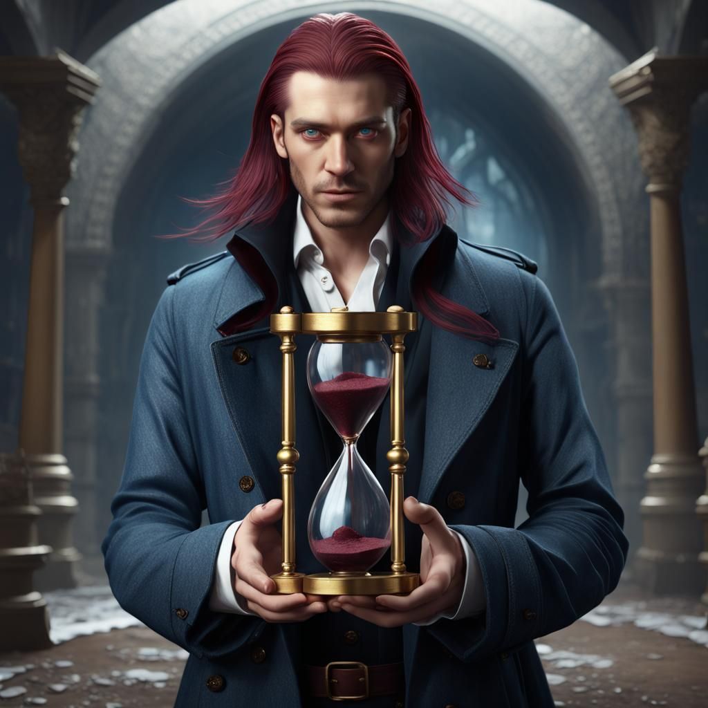 Hourglass Held by Golden-Eyed Man: Fantasy Art