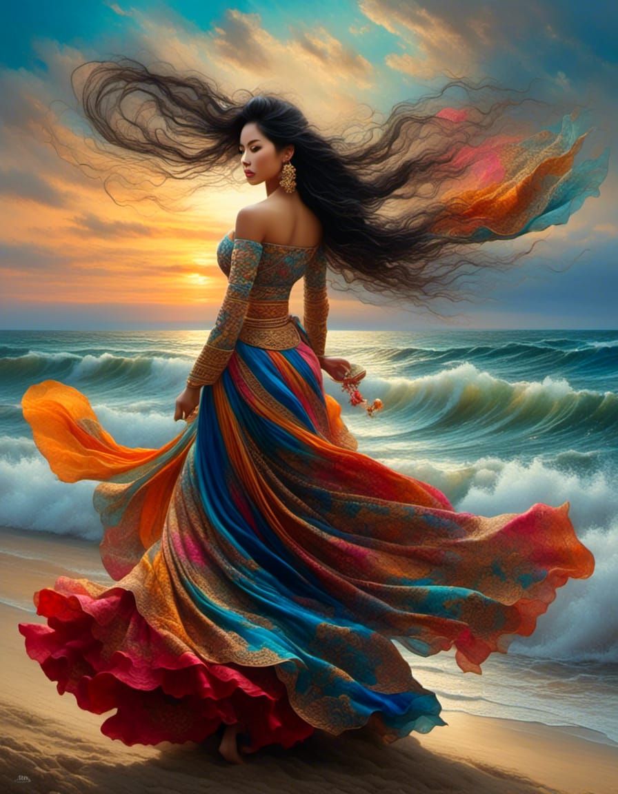 Thai Woman Portrait on Beach with Abstract Movement