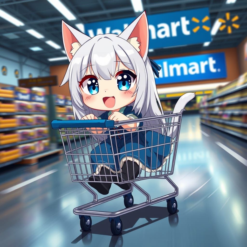 Anime Catgirl Rides Shopping Cart in Moody Walmart Scene