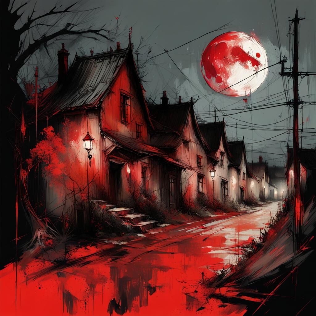 Haunted Village Under Red Moon, Alphonse Mucha Style