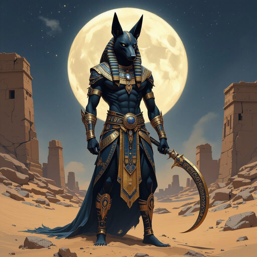Jackal Warrior in Ruined Desert, Mystical Art