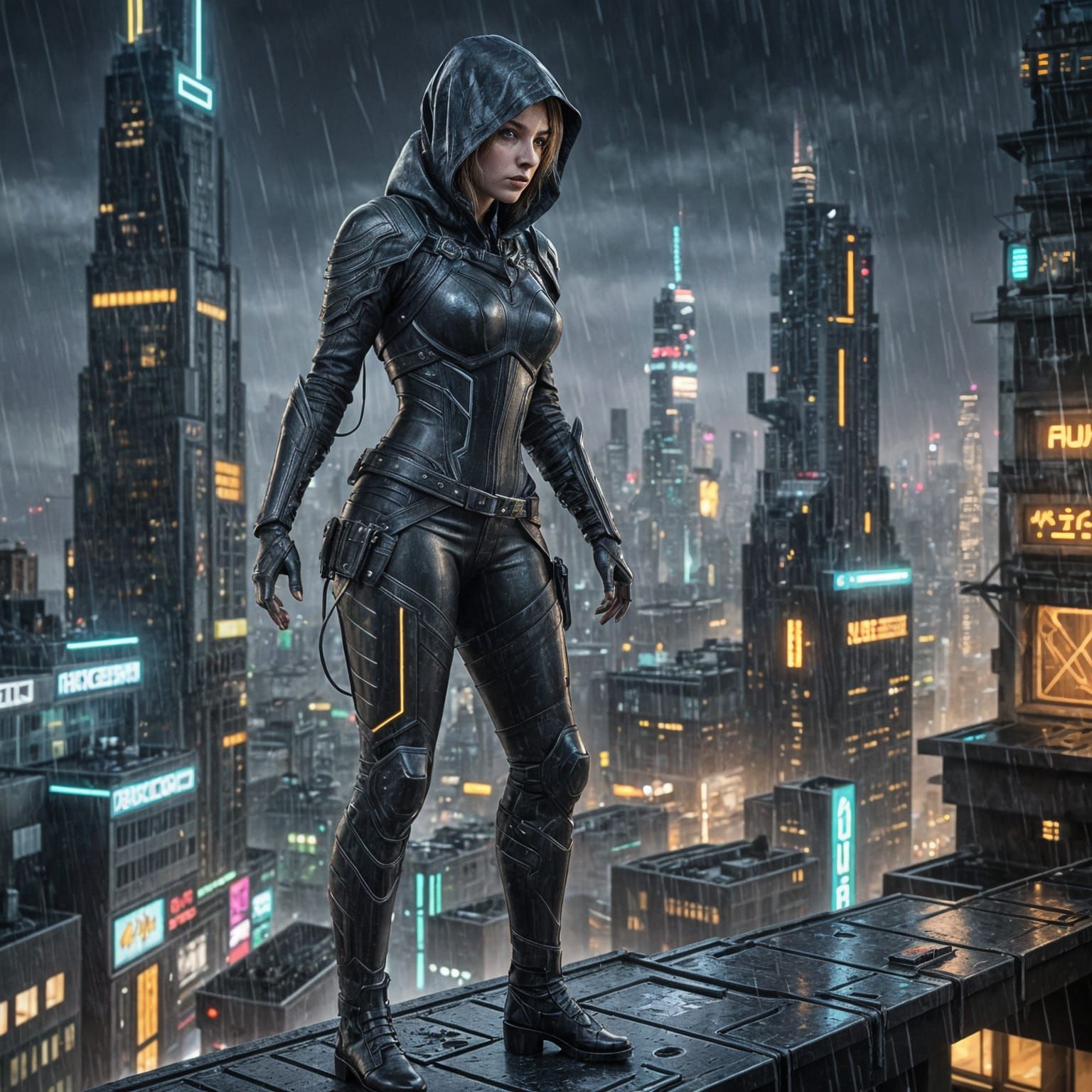 Dystopian Mercenary on Rooftop in Cyberpunk Style