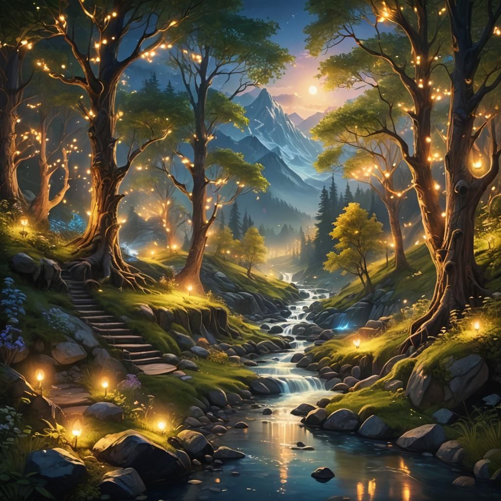 Magical fairy tale forest, mountains and stream landscape, b...