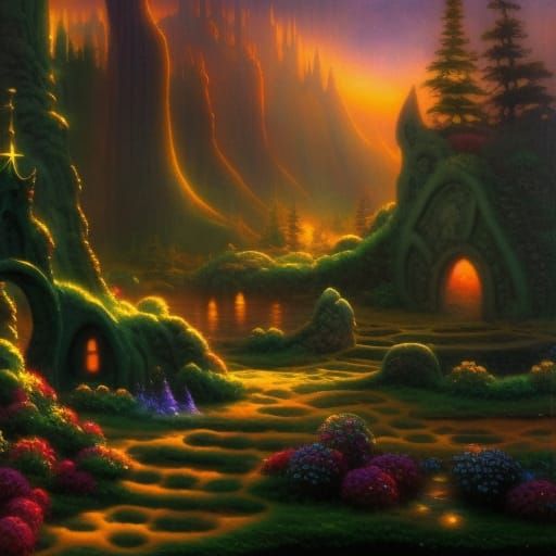 fantasy land, Lava landscape, nighttime, starry night, sparkles in the sky, sparkly glow in the dark details, neon light...