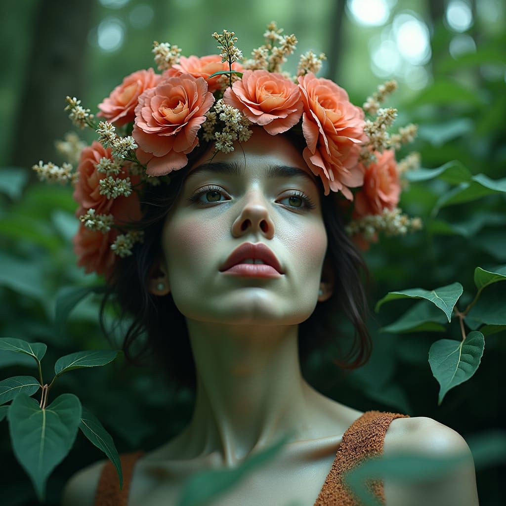 Enigmatic Woman Adorned with Flowers in 3D Realism