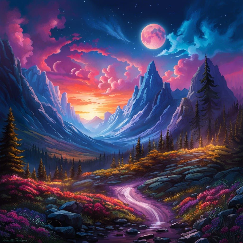 Utopian Mountains at Sunset: Fantasy Matte Painting