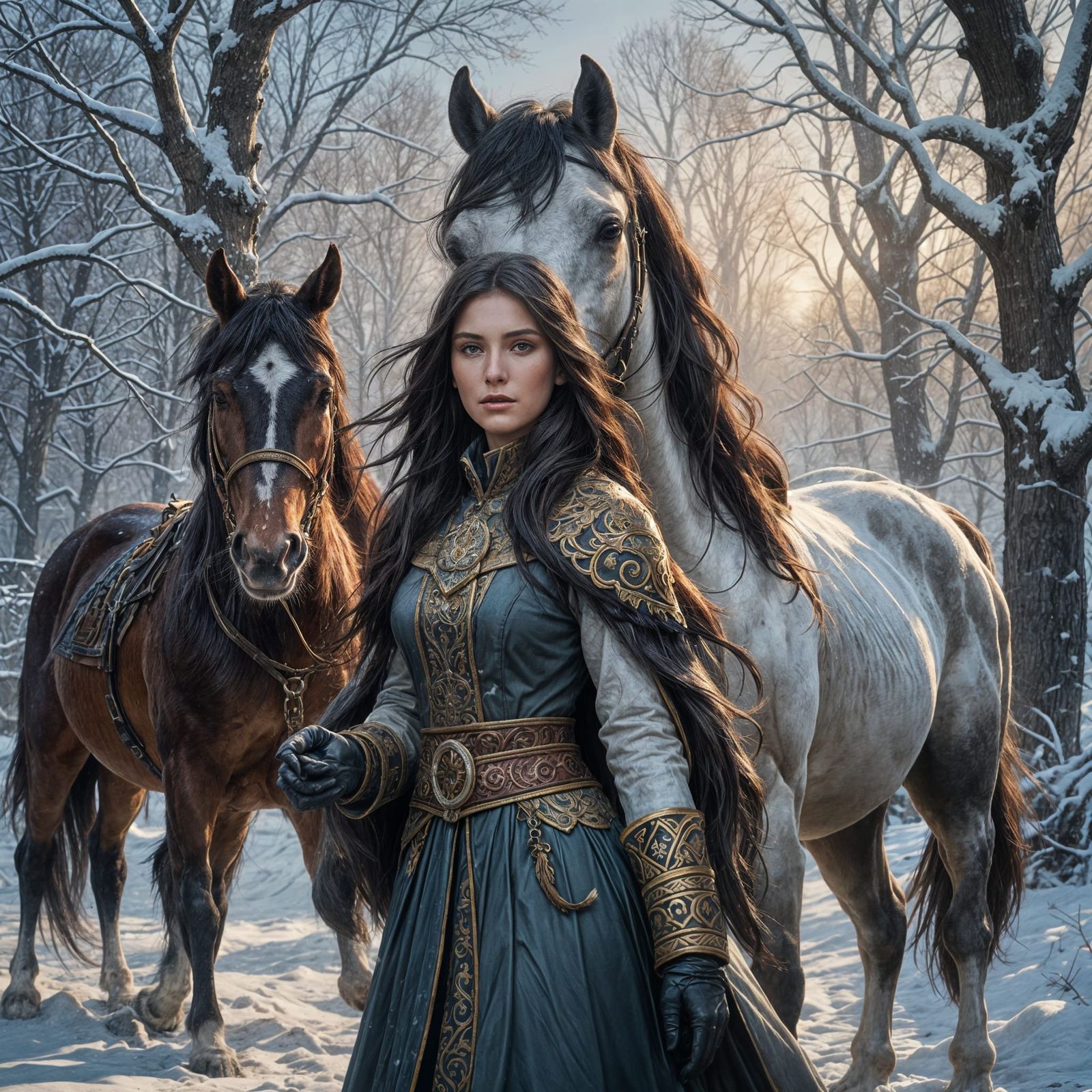 Russian Noble Woman with Horse, Hyperdetailed Portrait