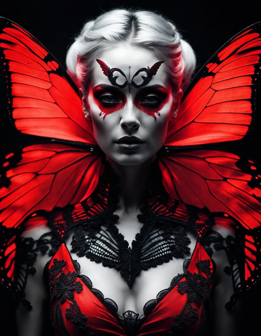 Woman with Butterfly Wings in Red Silk