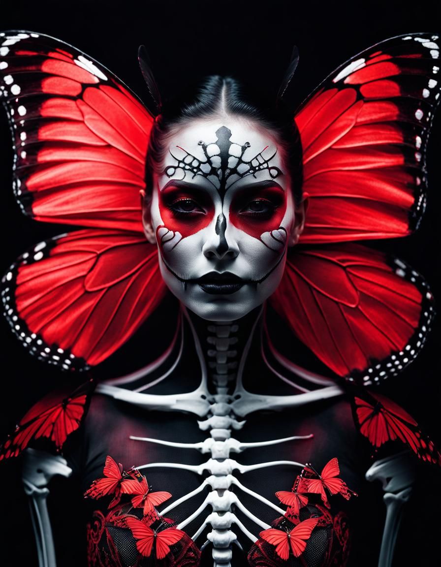 Woman with Skeleton Butterfly Wings in Red