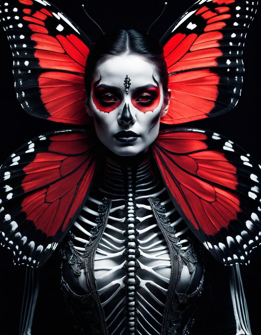 Woman with Butterfly Wings in Red Ink Style