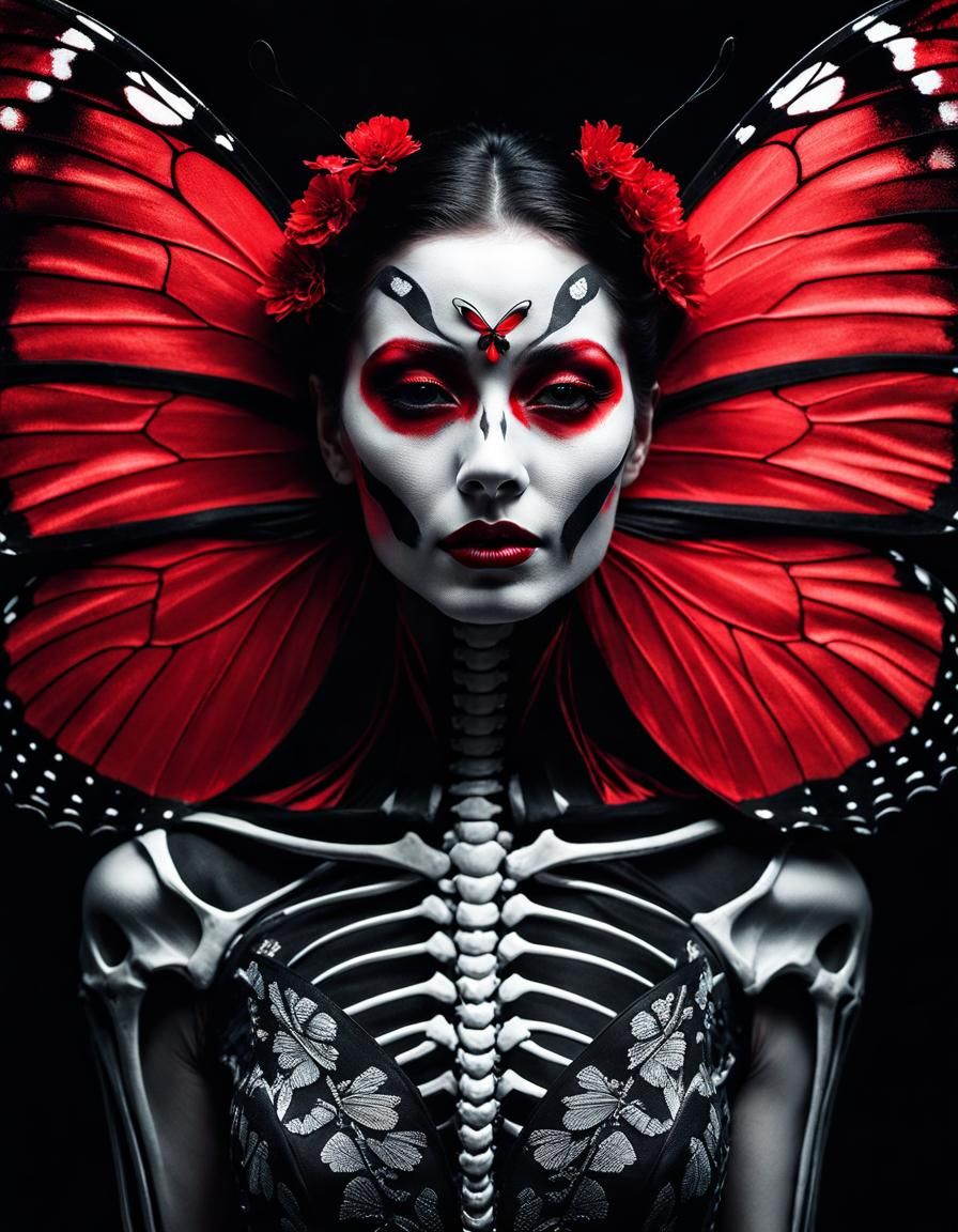 Woman with Skeleton Butterfly Wings in Infrared Style