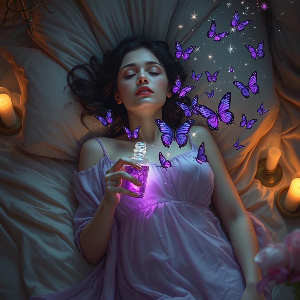 Ethereal Woman with Butterflies in Dreamlike Scene