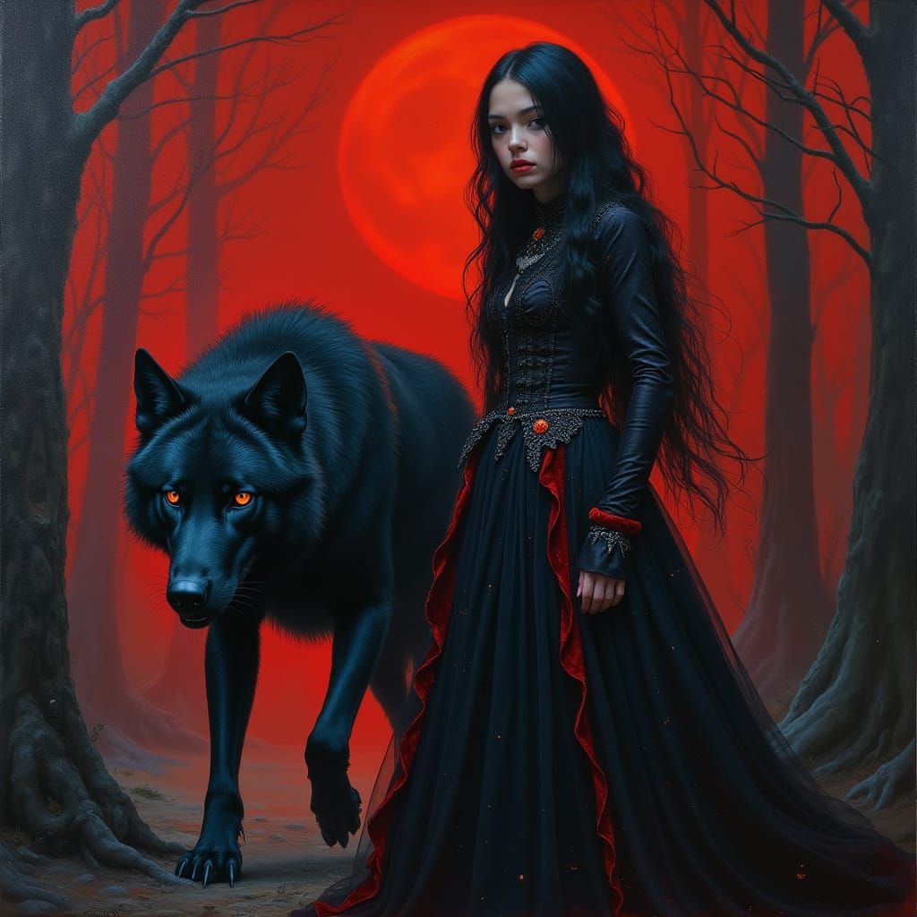 Gothic Woman with Wolf in Eerie Landscape