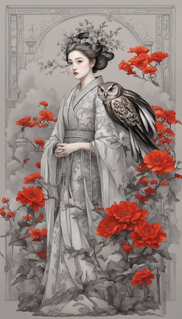 Monochrome Portrait with Red Accent, in Ethereal Realism Sty...