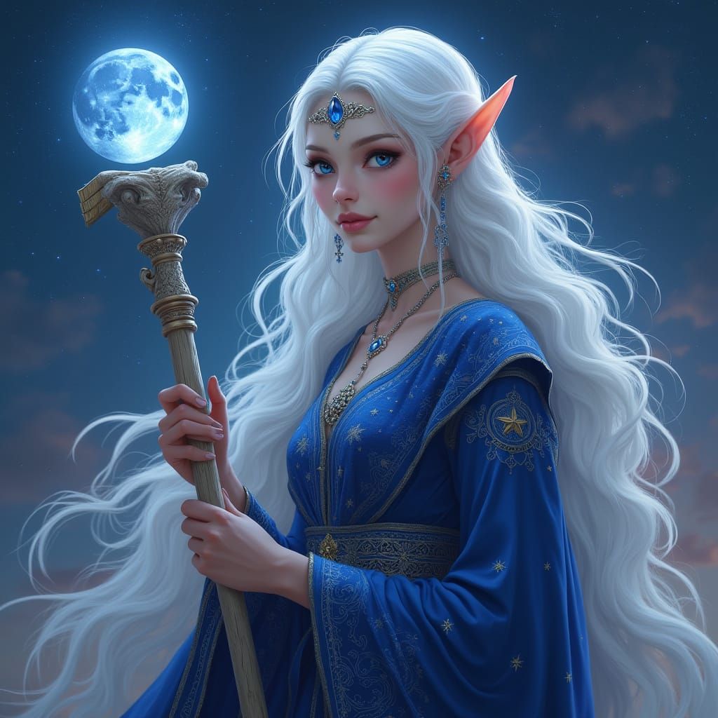 Ethereal Moon Elf Wizard in Velvet Robe, Holding Arcane Staf...