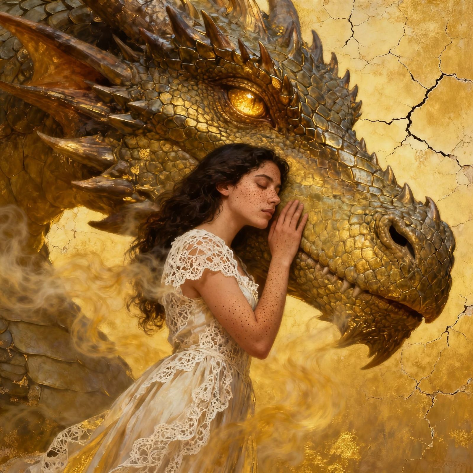 Girl's Gentle Touch on Giant Dragon's Snout