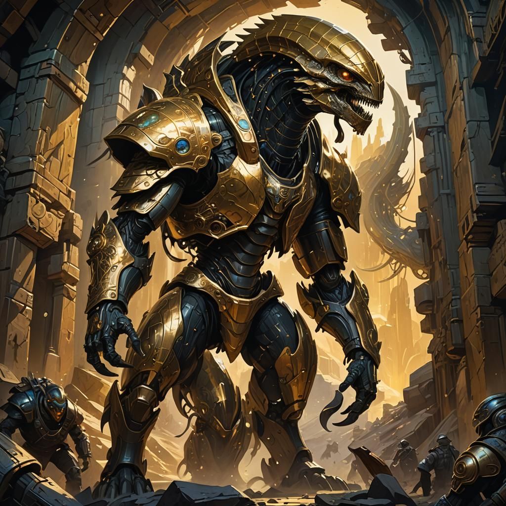 Armored Alien Invasion of Gold Mine in Dark Fantasy Style