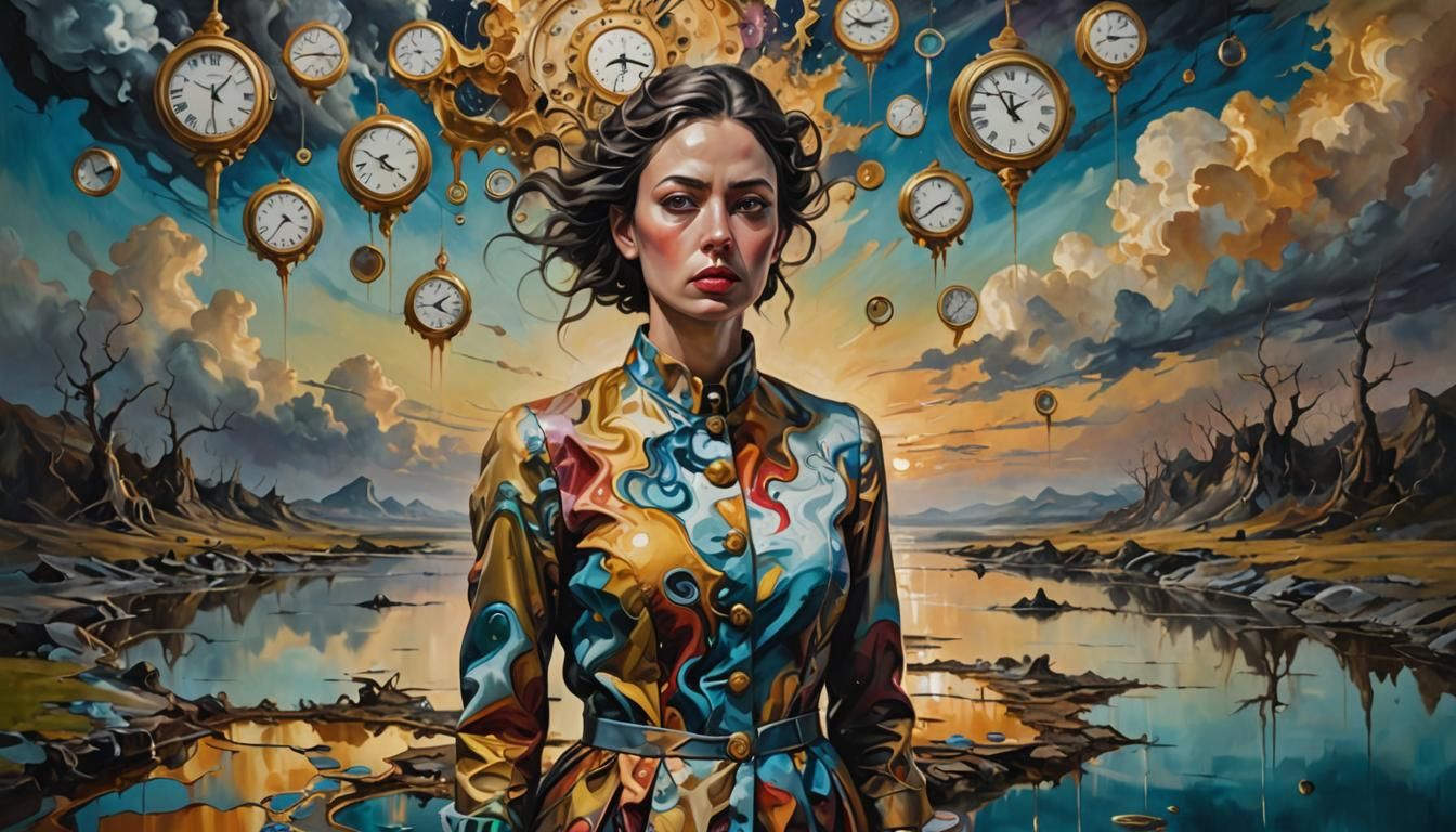 Surreal Woman in Dreamlike Landscape, Oil Painting