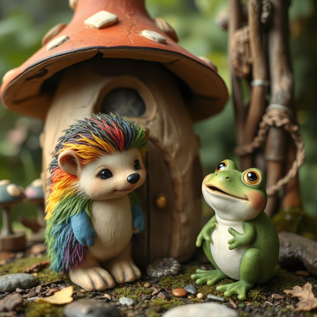 Whimsical Fantasy Scene of a Rainbow Hedgehog and a Happy Fr...