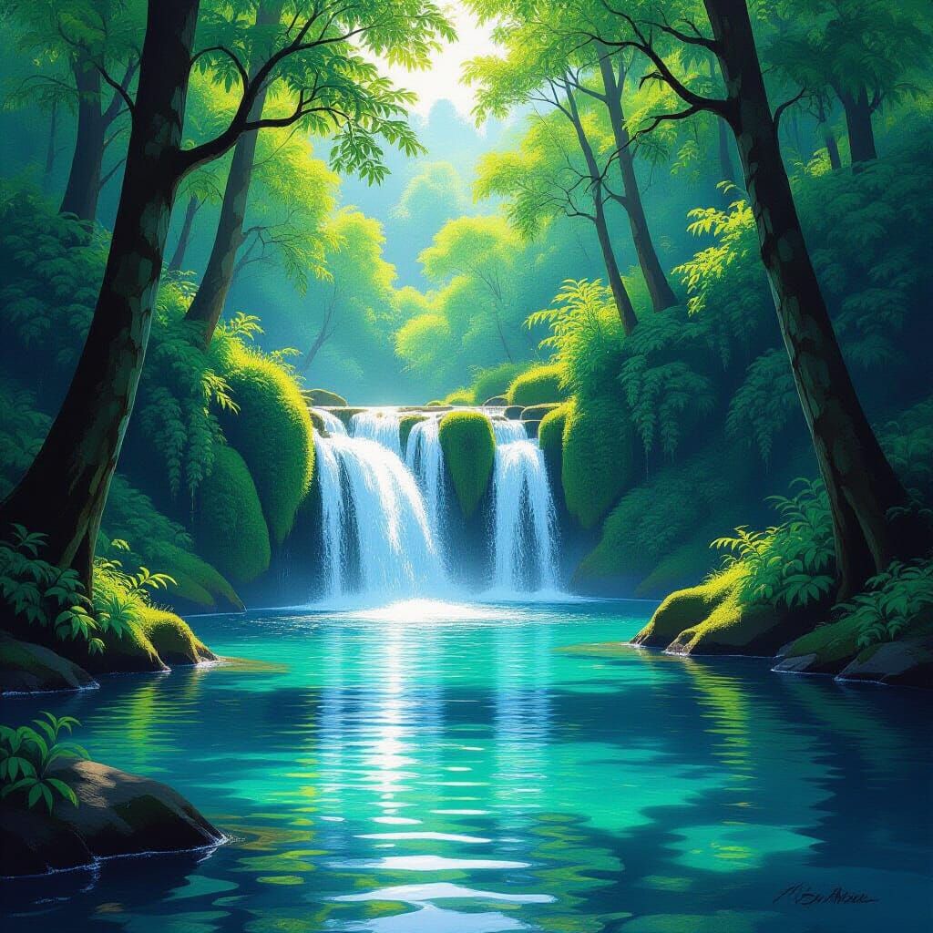 Lush Waterfall Scene in an Impressionist Style