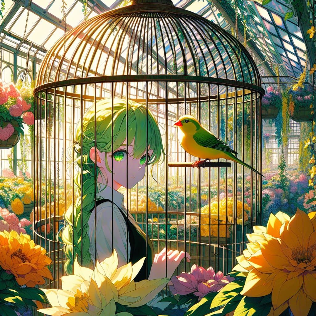 Anime Girl in Cage with Canary, Cell-Shaded Style