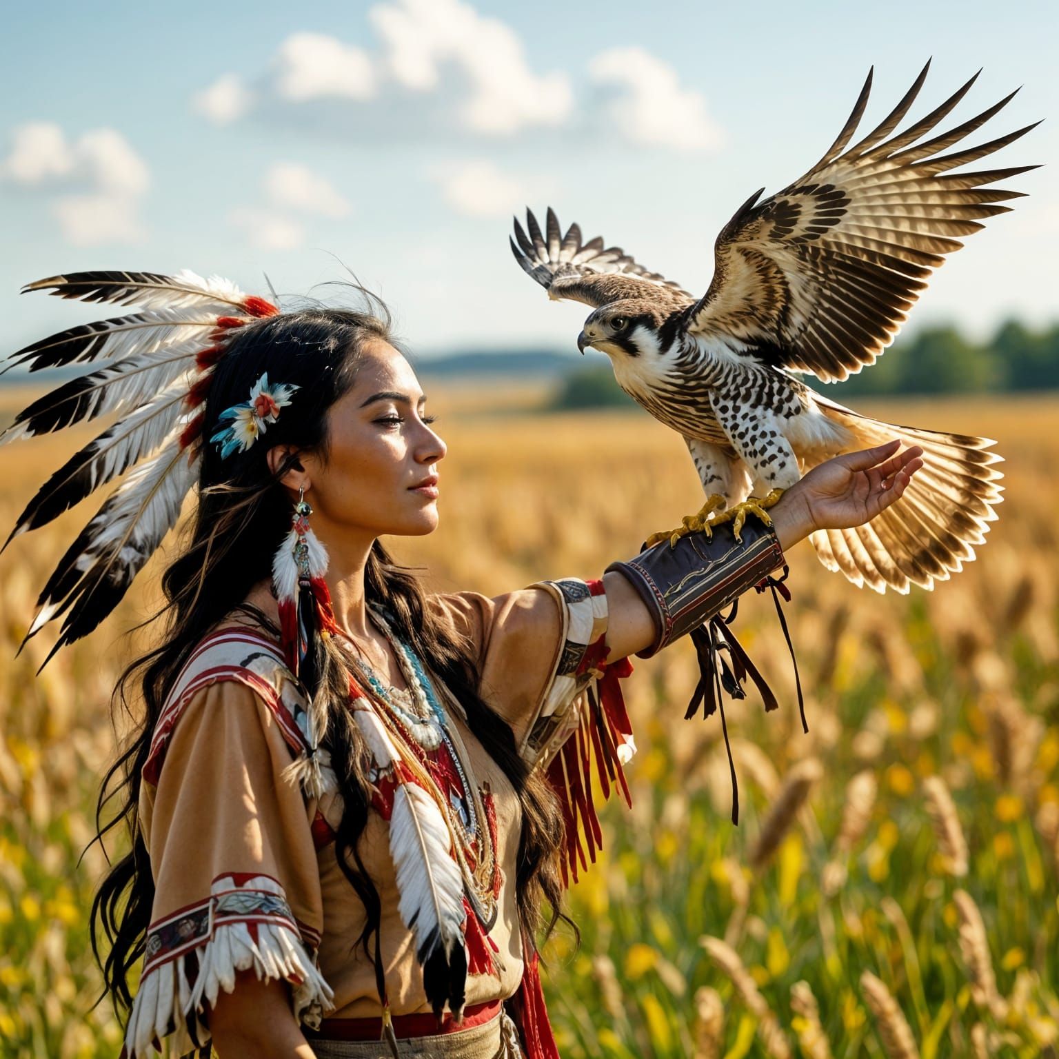 Native American Woman with Falcon in Field