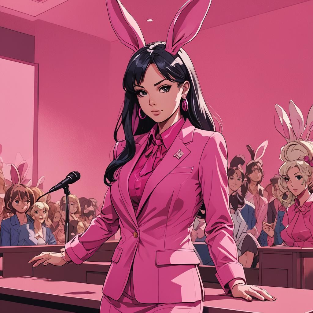Anime-Style Playboy Hostess at Podium in Pink