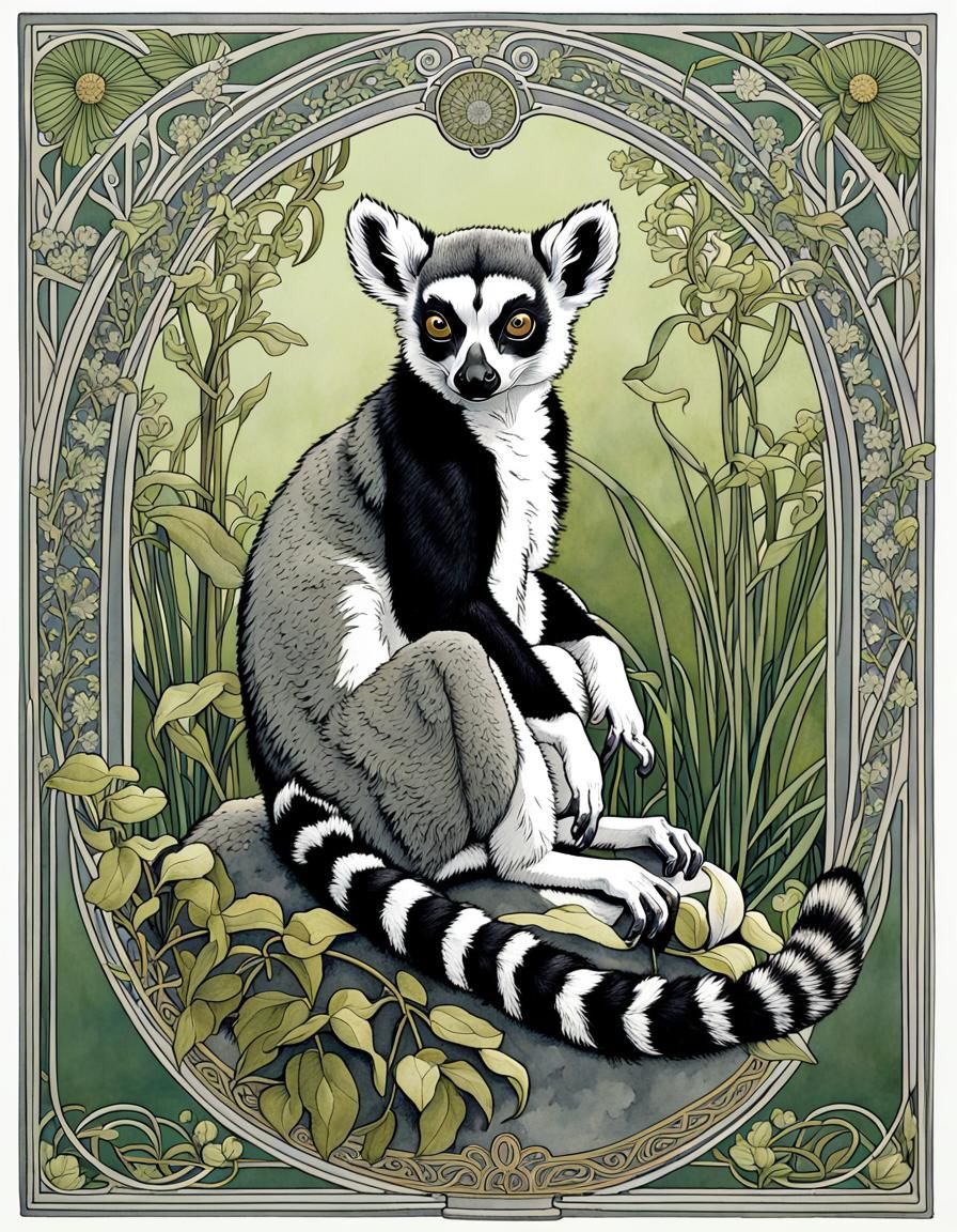 Ring-Tailed Lemur in Art Nouveau Style