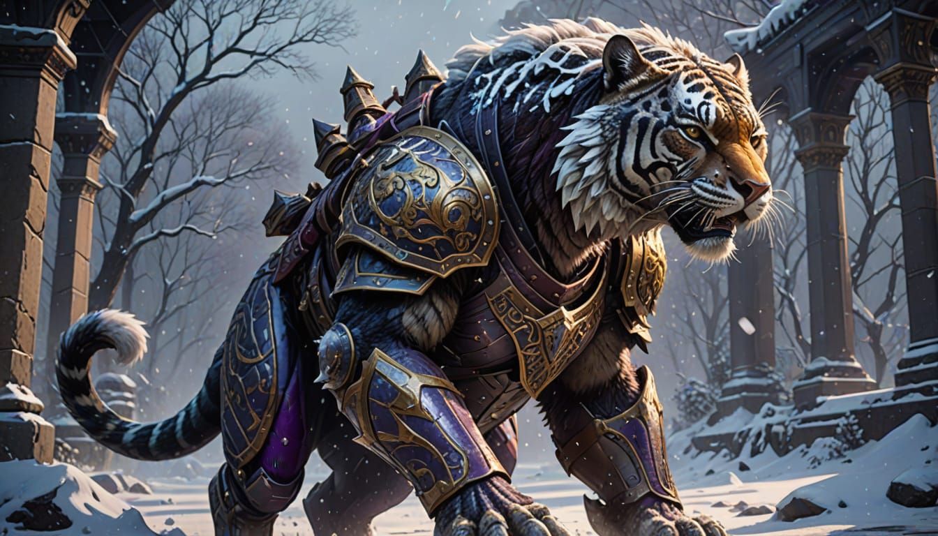 South Asian Warrior on Armored Sabertooth Tiger in Snowstorm